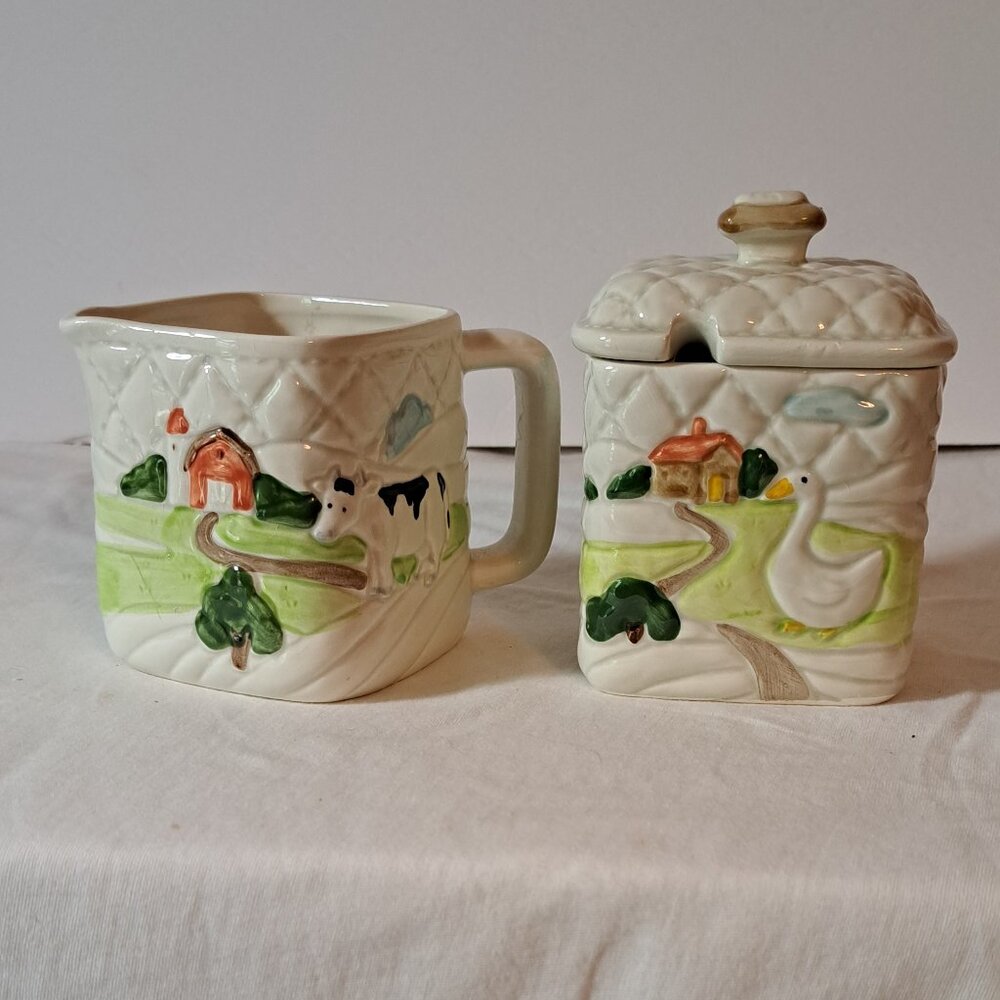 Otagiri 1982 Cream & Sugar Set Goose & Dairy Cow Country Farmhouse Decor, 1 Chip